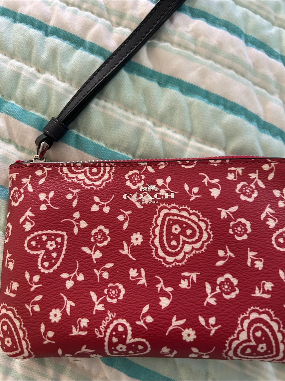 Coach Red Floral Heart Wristlet with Black Strap Excellent condition